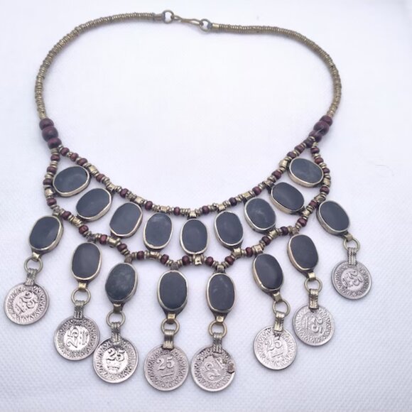 Vintage Dangle Coins and Stones Necklace, Ethnic Necklace, Tribal Bib Necklace - Picture 7 of 10